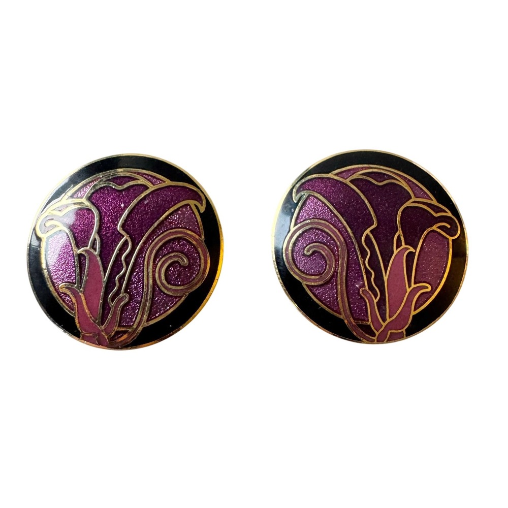 Art‎ Nouveau Enamel Flower Clip On Earrings Gold Tone Purple Black Vintage